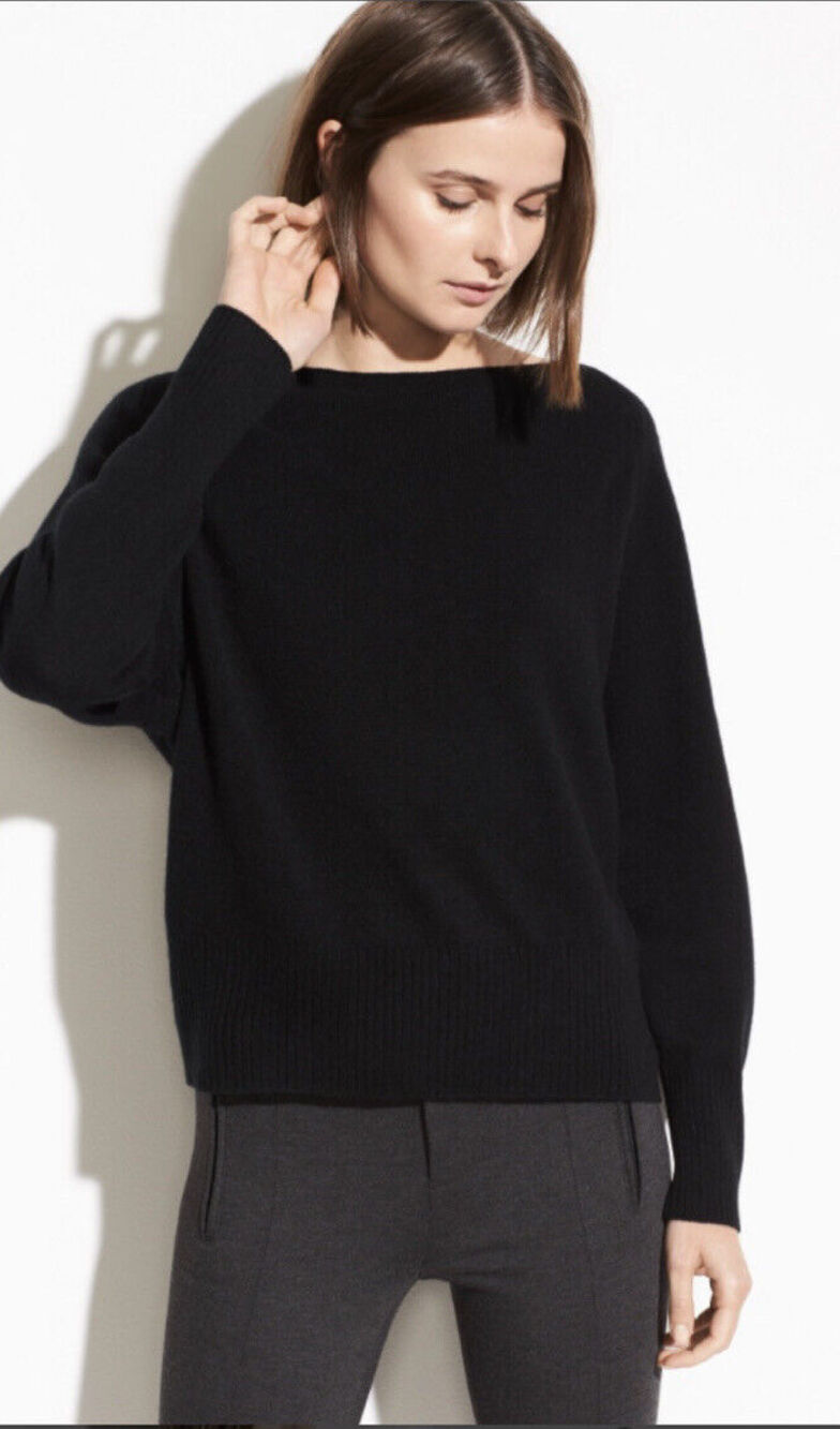 Vince Black Boat Neck Wool Cashmere Side Slit Sweater Tunic Lightweight Women XS